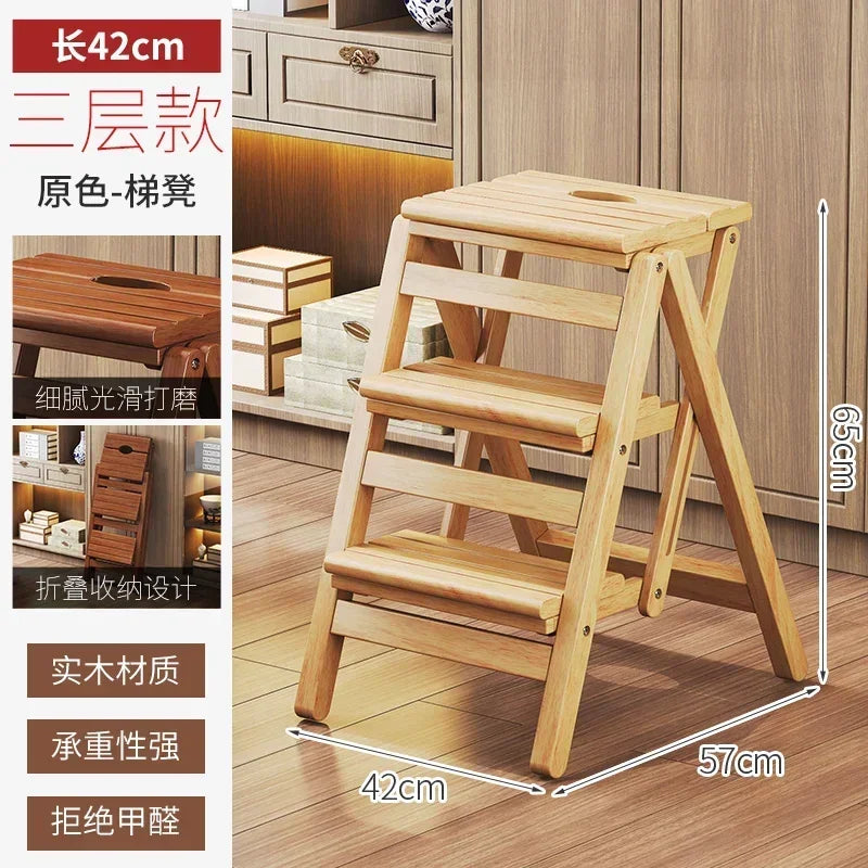 Multi-functional Bamboo Wood Folding Ladder Chair Kitchen Hat Rack 2 Step Ladder Province Space Stair Chair Plant Rack Furniture