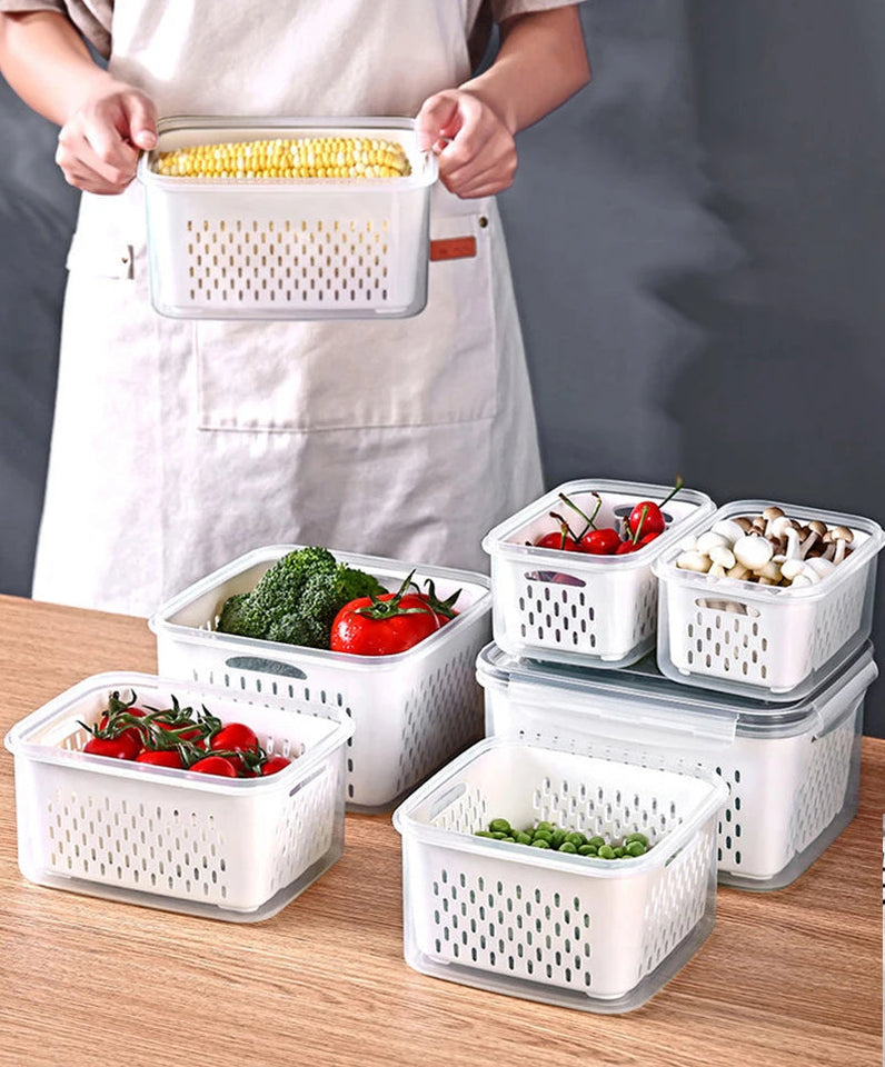 Multipurpose Refrigerator Storage Container with Drain Basket Crisper and Storage Box for Fruits Vegetables Aimak Store
