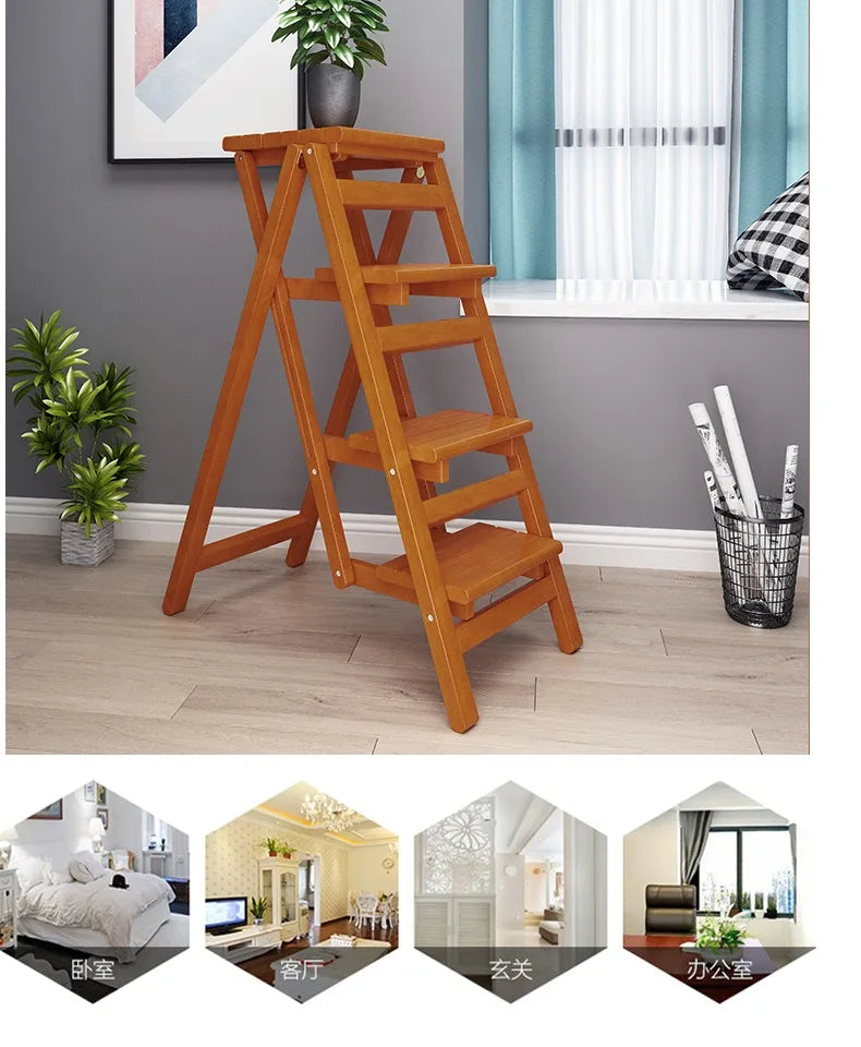 Multi-functional Bamboo Wood Folding Ladder Chair Kitchen Hat Rack 2 Step Ladder Province Space Stair Chair Plant Rack Furniture