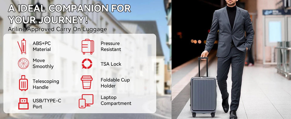 20 Inch Cabin Suitcase Front Opening Spinner Wheel Travel Rolling Luggage For Men Women Trolley Case With TSA Lock,USB Charging Aimak Store