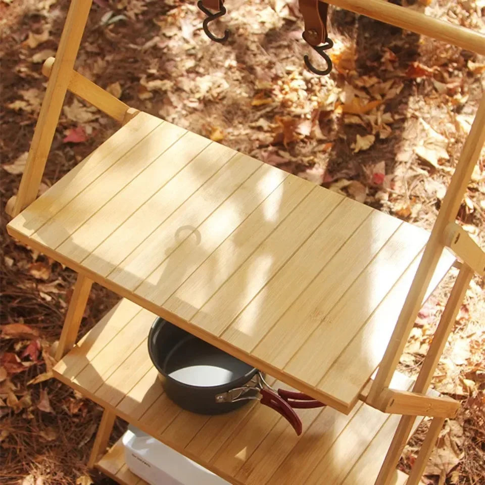Camping Tables Outdoors Folding Table Portable Camping Wood Shelf Outdoor Portable Storage Rack Multi-Layer Foldable Bamboo Rack Aimak Store