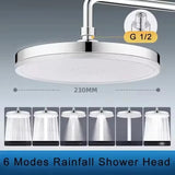 New 230mm Big Panel Showerhead 6 Mode Supercharge Rainfall Shower Head High Pressure Top Rain Shower Faucet Bathroom Accessories Aimak Store