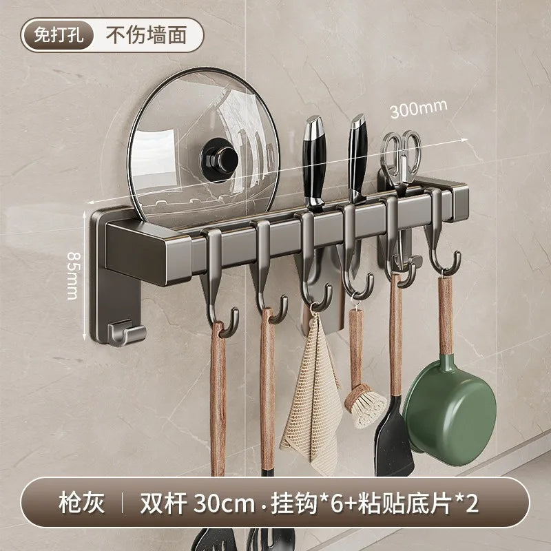 Kitchen Storage Rack Non-perforated shelves Wall Mounted with Movable hook Spoon Holder Organizer Kitchen Utensil Accessories Aimak Store