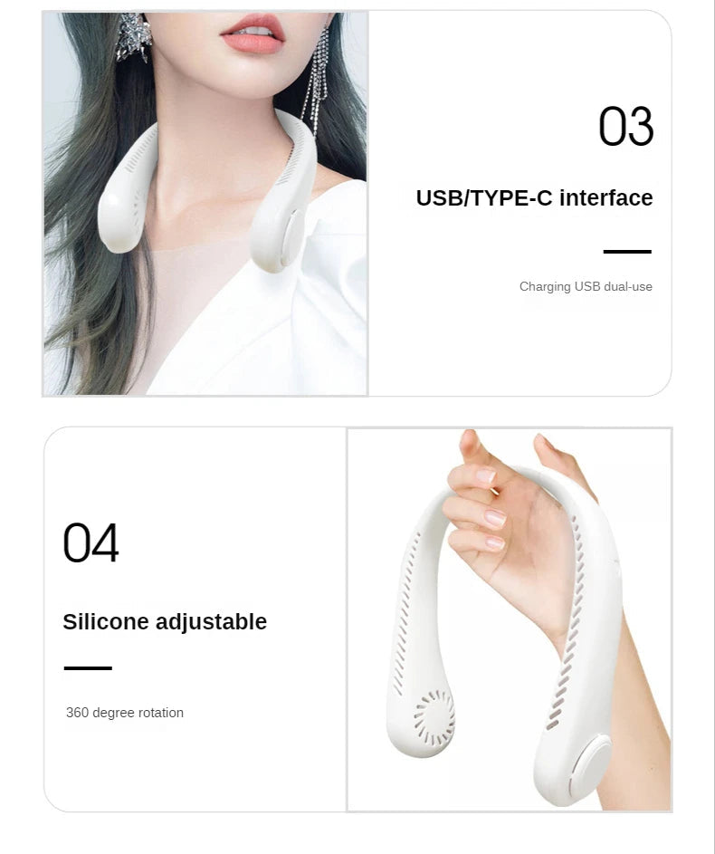 New Mini Neck Fan Portable Bladeless Hanging Neck 1200mAh Rechargeable Air Cooler 3 Speed Mini Summer Sports Fans Aimak Store