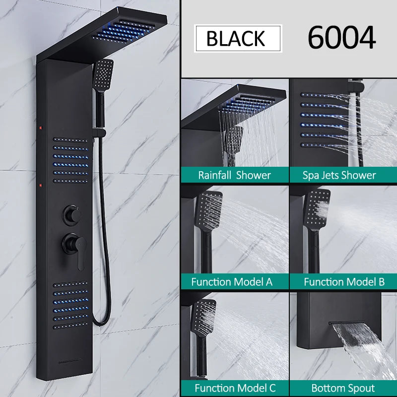 Black LED Shower Panel Tower System Rain Waterfall Shower Column Hydroelectricity Massage Body Spa Bath Shower Faucet Mixer Aimak Store