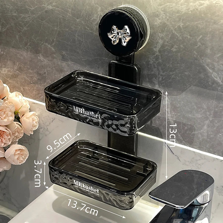 1 suction cup soap box, non perforated wall mounted bathroom shelf, double-layer drainage soap box