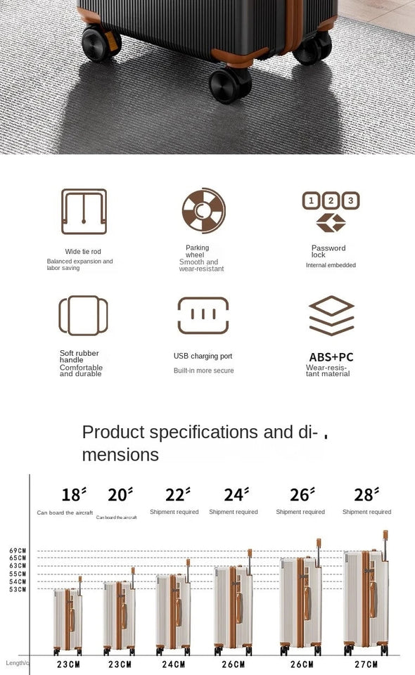 18-28Inch Wide Trolley Suitcase Mute Brake Wheels USB Port Password Boarding Box Multifunctional Large Capacity Suitcase Aimak Store