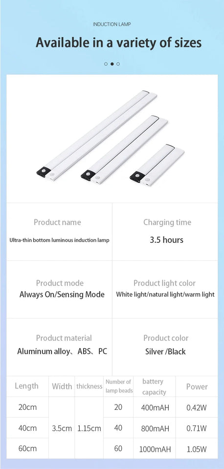 10/20/30/40/50CM Under Cabinet Led Light Sensor Movement Rechargeable Wireless Led Lamp Night Light Cupboard Bedroom Wardrobe Aimak Store
