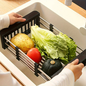 1pc Adjustable Dish Drainer Telescopic Over Sink Dish Drying Rack with  Fruit Vegetable Drain Basket Kitchen Tools and Utensils Aimak Store