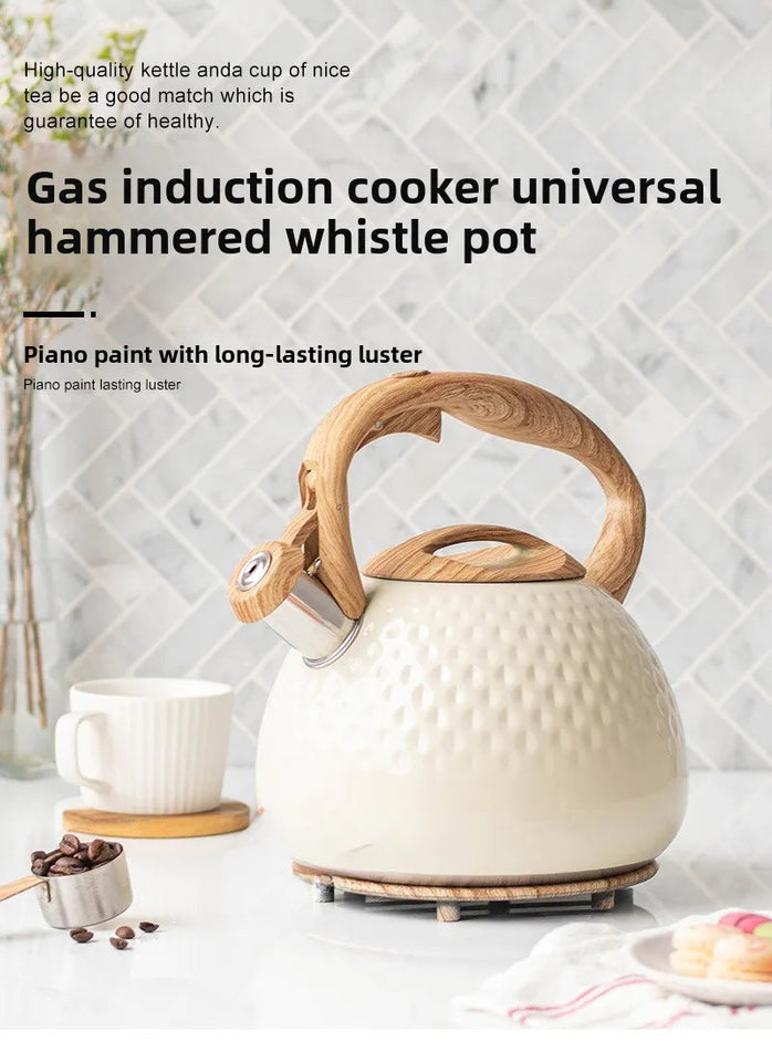New Beige Hammer Pattern Whistle Kettle, Tea Coffee Kettle, European and American Kitchen Utensils, Flat-bottomed Whistle Pot 3L Aimak Store