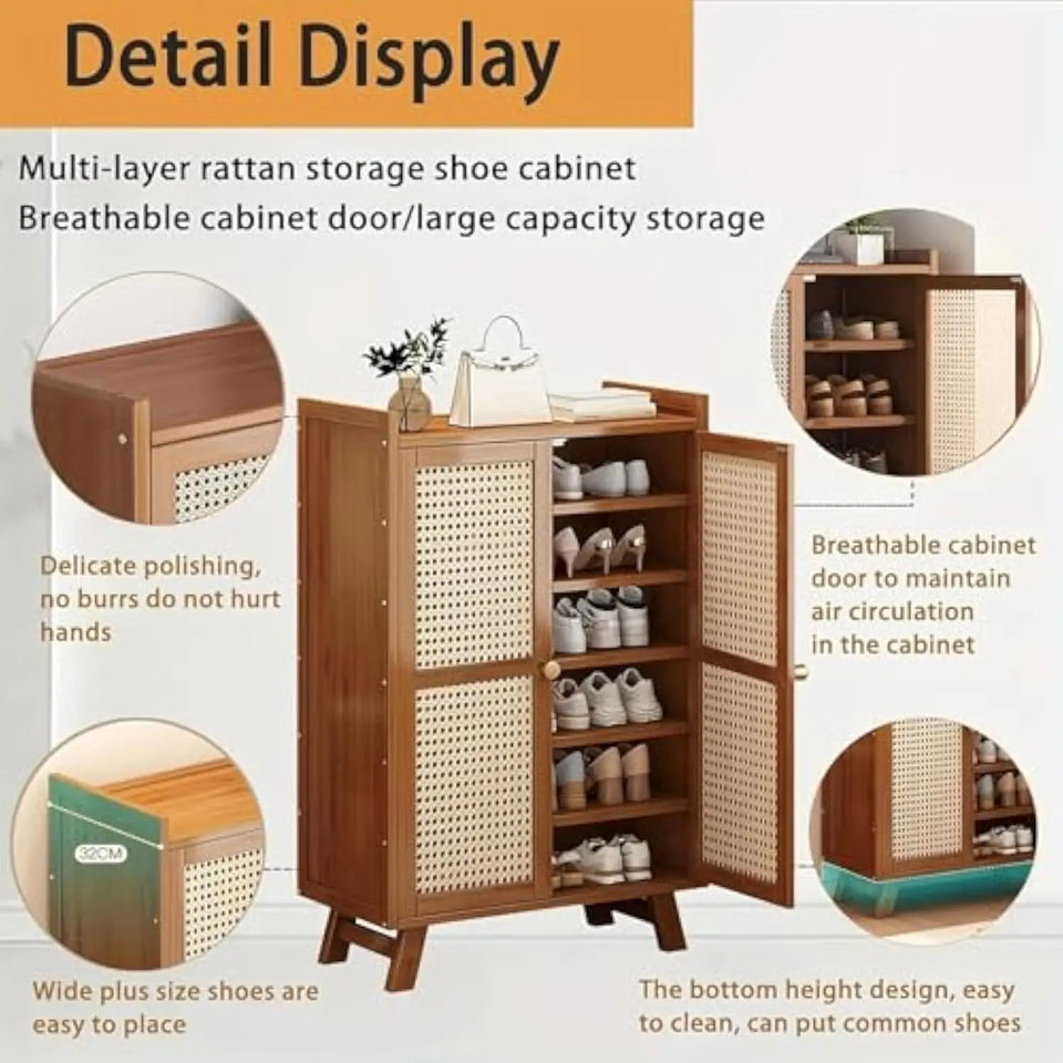 Bamboo Shoe Cabinet, 2-Door Entrance Shoe Cabinet, 7-Layer Standing Shoe Storage Box, Adjustable Shelf, Retro Shoe Cabinet Shoe Aimak Store