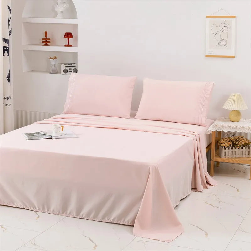 Embroidery Brushed 3/4 Pieces Bed Set Flat Sheet Fitted Sheet Pillowcase Bedding Set for Twin Full Queen King Pillow Sham Soft Aimak Store
