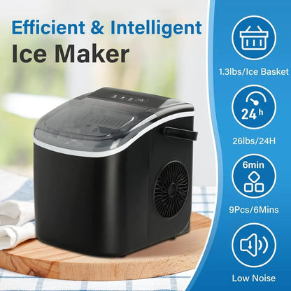 Ice Maker for Countertop, 9 Ice Cubes Ready in 6 Mins, 26lbs Ice/24Hrs, with Self-Cleaning Feature, Ice Spoon and Basket