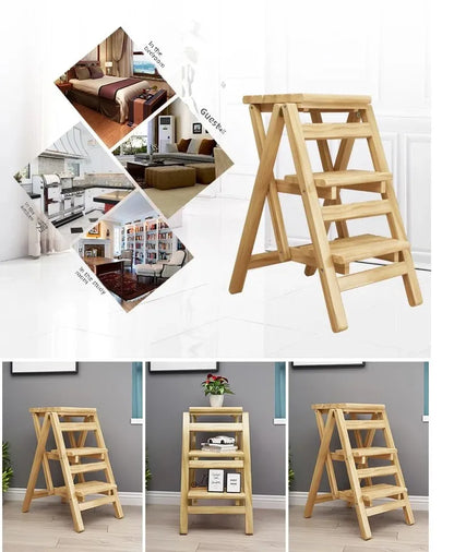 Multi-functional Bamboo Wood Folding Ladder Chair Kitchen Hat Rack 2 Step Ladder Province Space Stair Chair Plant Rack Furniture