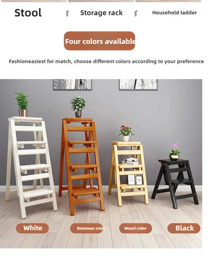 Multi-functional Bamboo Wood Folding Ladder Chair Kitchen Hat Rack 2 Step Ladder Province Space Stair Chair Plant Rack Furniture