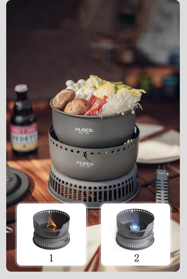Outdoor Cooking Pot Set ALOCS CW-C05 Camping Portable Easy Storage Picnic Pot With Alcohol Stove Blast Proof Stove Cover Pot Aimak Store
