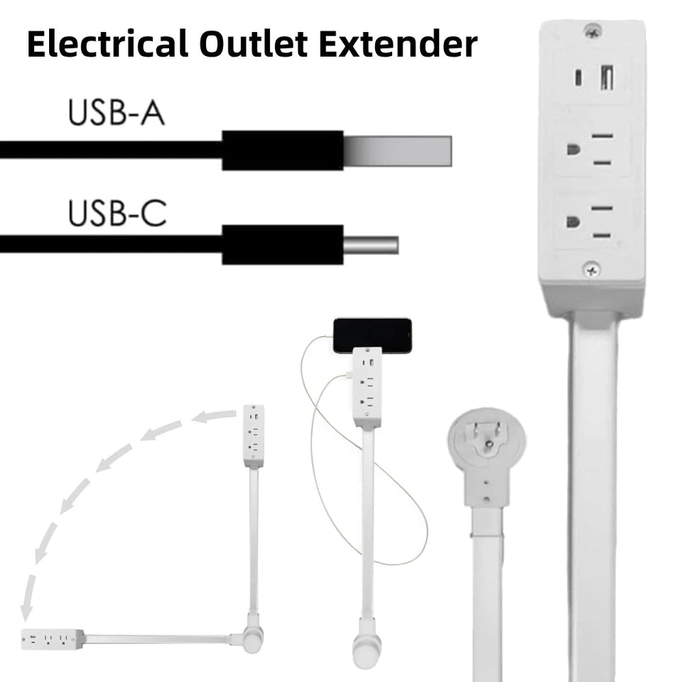 Electrical Outlet Extender 2 AC USB-A USB-C Wall Charger 2 Sockets 180° Rotation Stretchable Electrical Outlet Table Extender Aimak Store