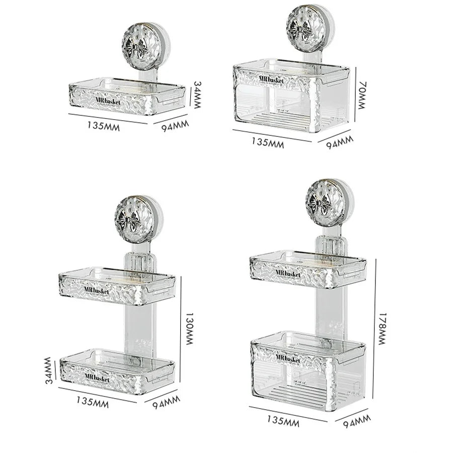 1 suction cup soap box, non perforated wall mounted bathroom shelf, double-layer drainage soap box