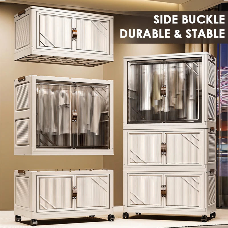 3-Tier Foldable Kids Wardrobe Storage Cabinet with Magnetic Doors & Wheels，Customizable Setup for Home Nursery Organization Aimak Store