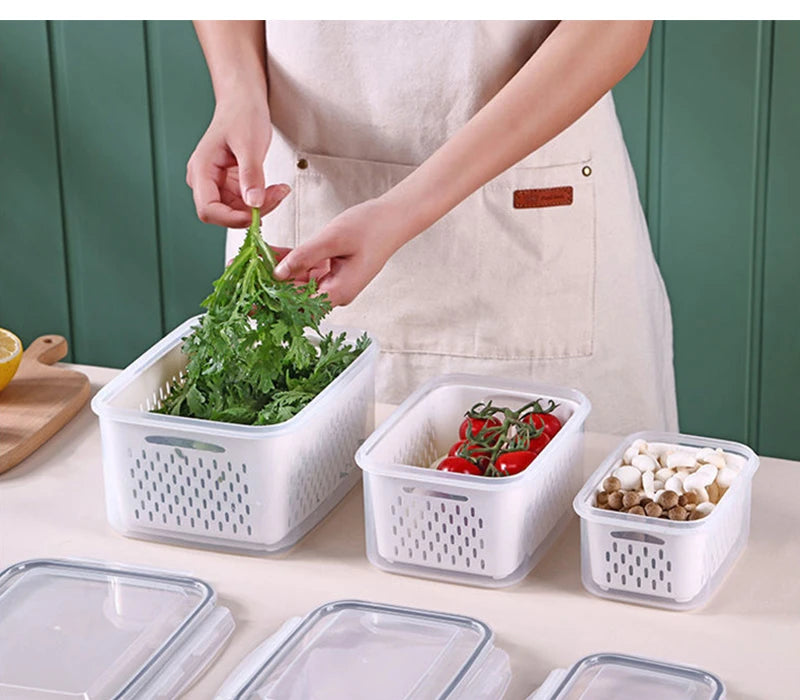 Multipurpose Refrigerator Storage Container with Drain Basket Crisper and Storage Box for Fruits Vegetables Aimak Store