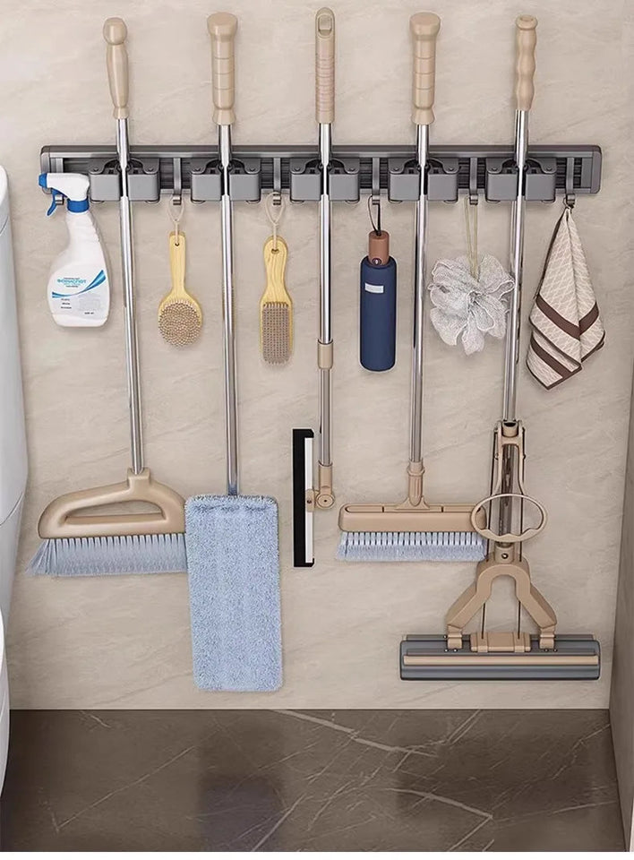 Mop and Broom Organizer Mop Holder Rack Mop Holder Wall Mounted Strong Broom Mop Holder Shelf with Hooks Organizers Hang Broom Aimak Store