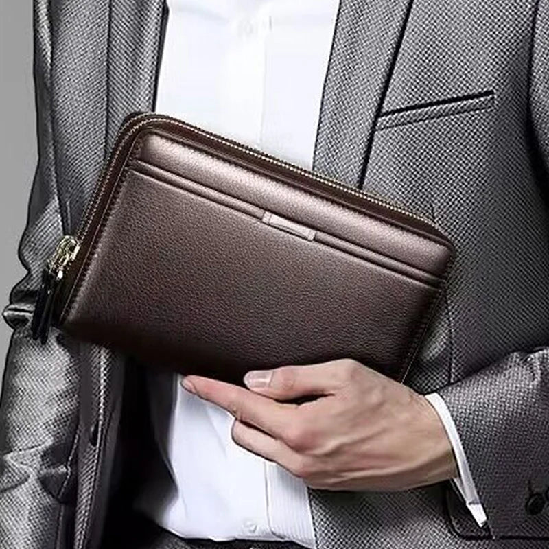 Men's wallet long money foreskin leather handbag large business handbag mobile phone card holder men's gift father son husband b Aimak Store
