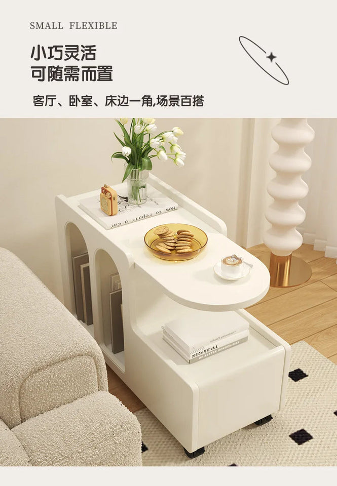 Movable Side Table with Storage Rack Cream Style End Table for Sofa Coffee Table Bedroom and Living Room Aimak Store