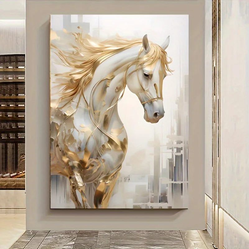 Frameless Golden Horse Canvas Wall Art Modern Decor with Urban Backdrop,White Golden Abstract Painting for Living Room Bedroom Aimak Store
