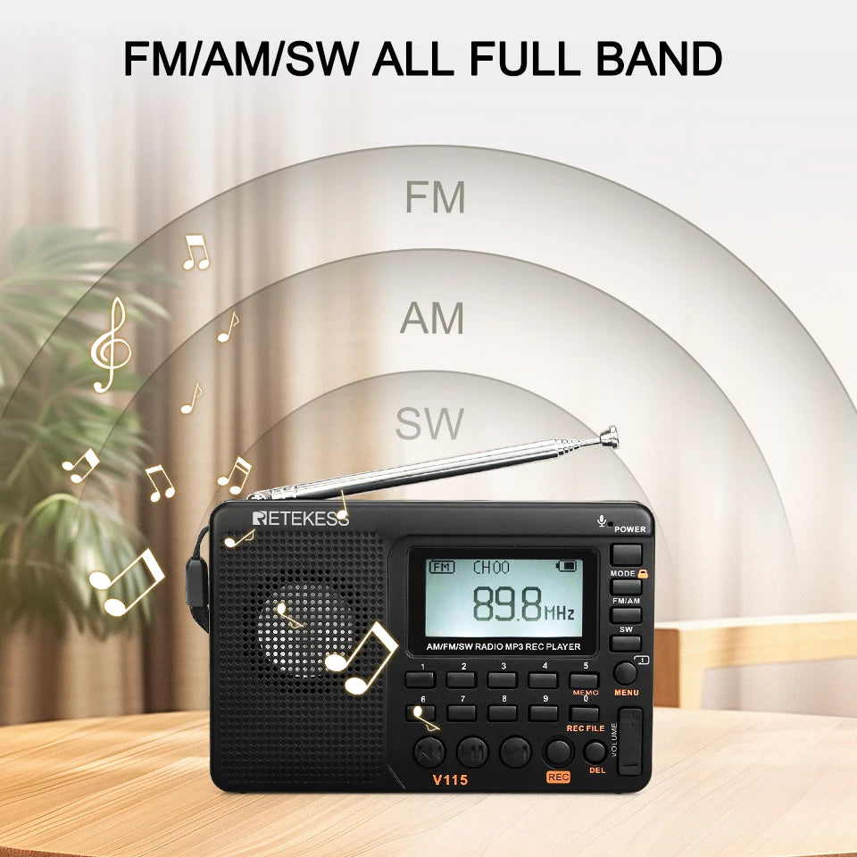 Retekess V115 Radio FM AM SW Portable Radios AM FM Rechargeable Shortwave Radio Battery Powered Full Waves USB Recorder For Gift Aimak Store