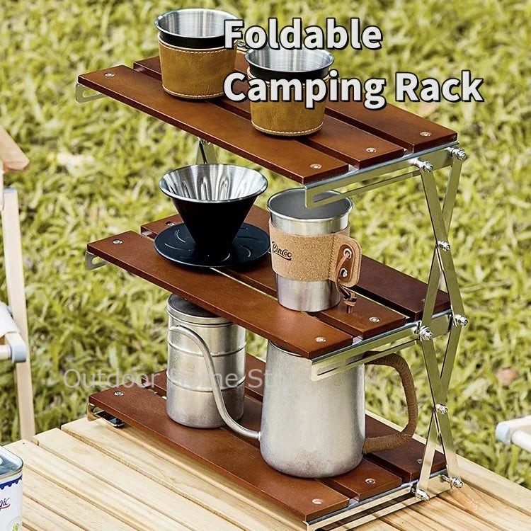 Camping Folding Shelf Outdoor Garden Wood Coffee Table Portable Lightweight Storage Rack Picnic Tourist Adjustable Shell Table Aimak Store