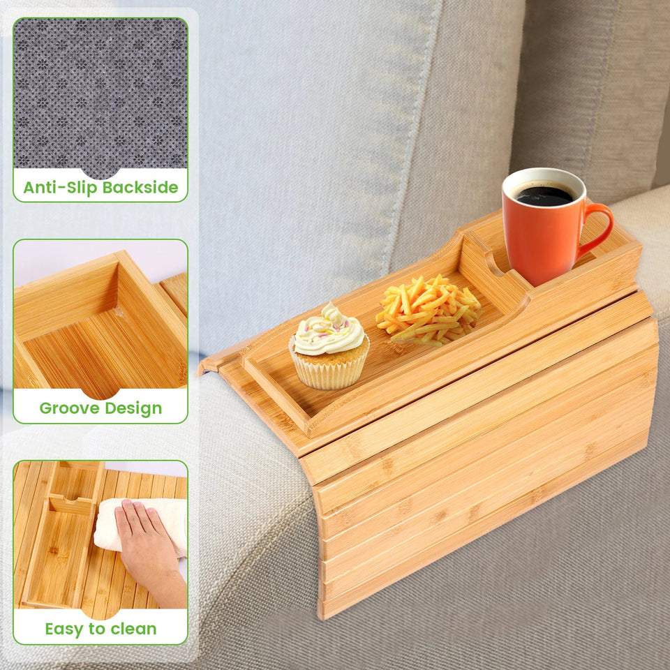 Couch Cup Holder Bamboo Wood Sofa Armrest Tray Foldable Sofa Cup Holder Anti-Slip Couch Arm Cup Holder Sofa Side Storage Tray Aimak Store
