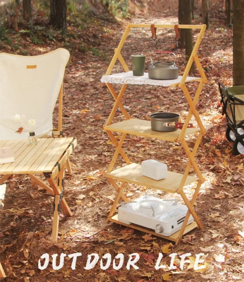 Camping Tables Outdoors Folding Table Portable Camping Wood Shelf Outdoor Portable Storage Rack Multi-Layer Foldable Bamboo Rack Aimak Store
