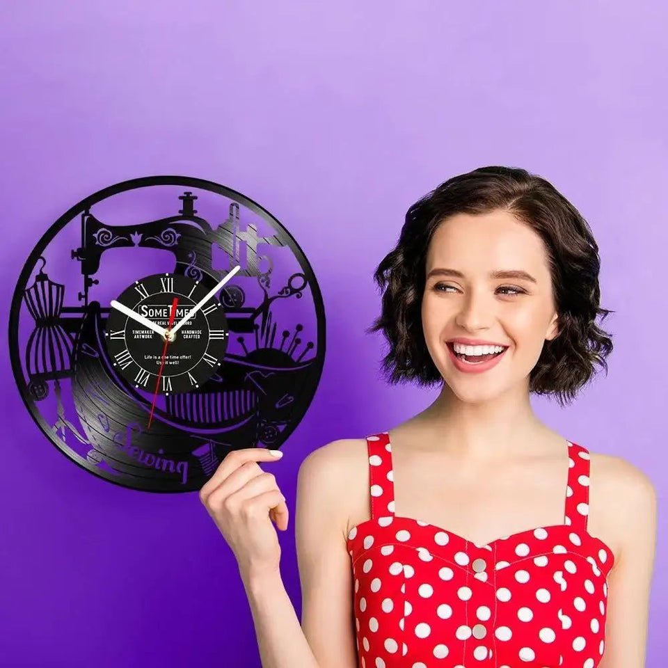 Sewing Machine Customization Vinyl Record Wall Clock Quilting Room Decoration Logo Personalized Tailor Name Clock Tailor Gift Aimak Store