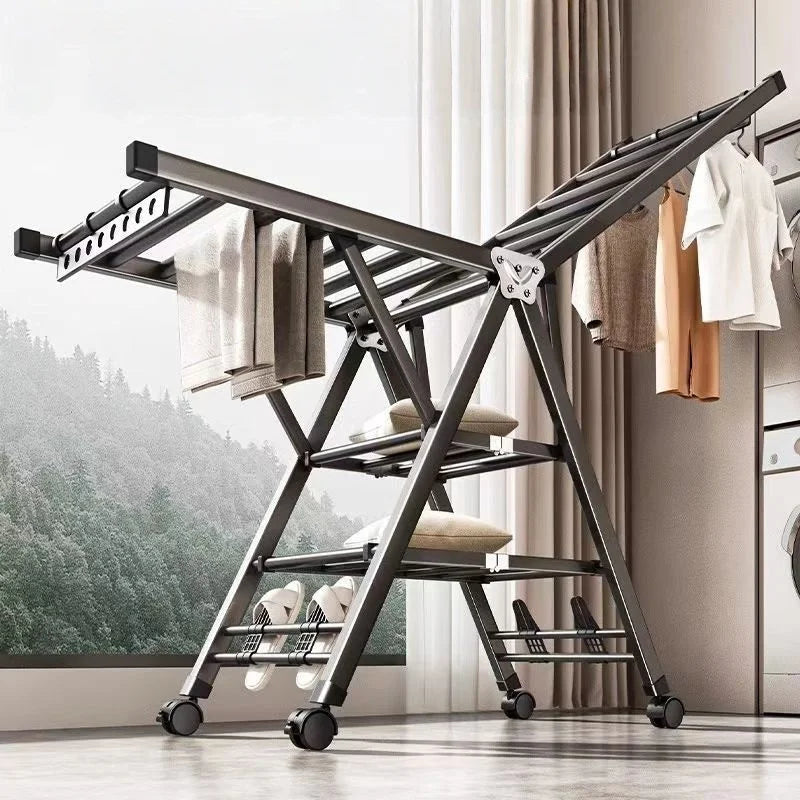 Balcony Clothes Drying Rack Floor-Standing Foldable Household Movable Clothes Drying Rack Dormitory Quilt Drying Rack 3 Floors Aimak Store