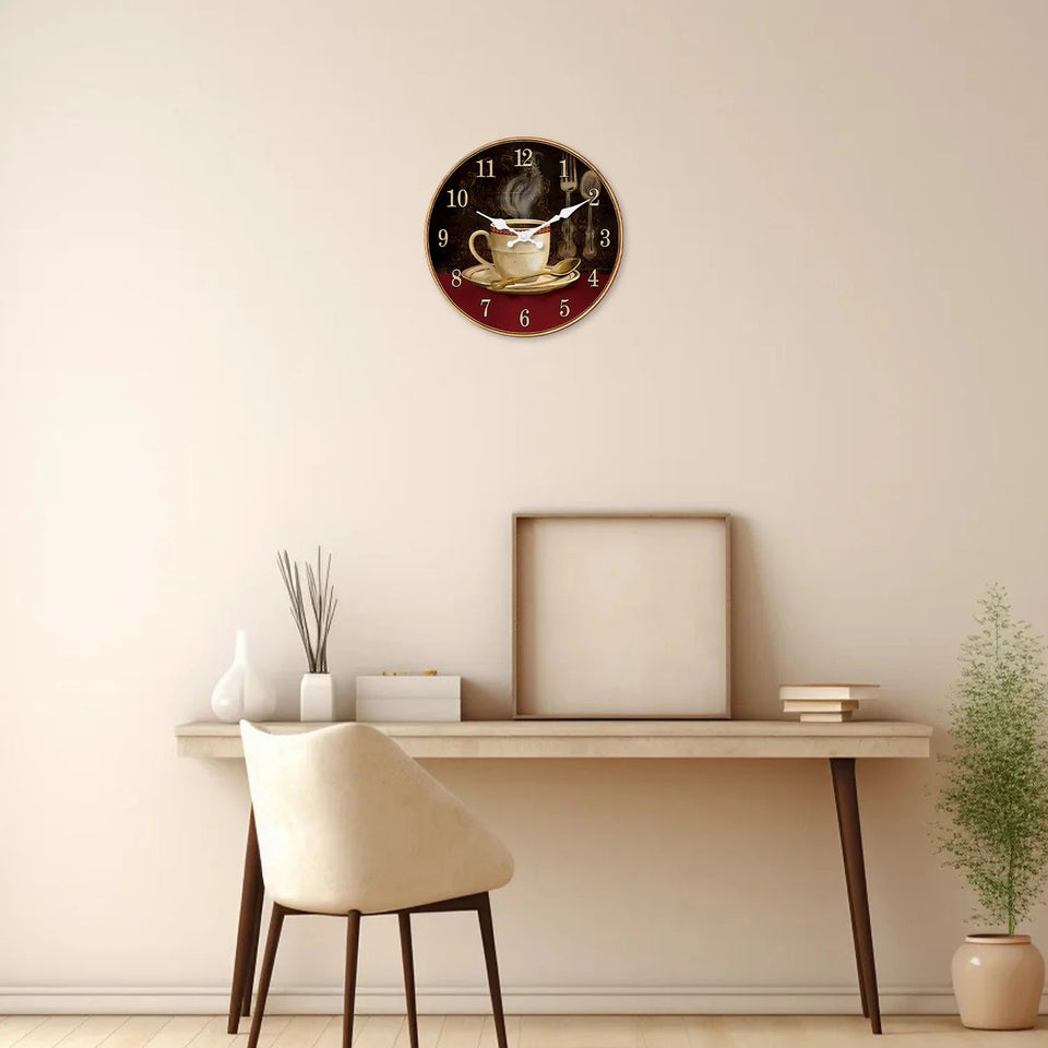 Retro Coffee Cup Pattern Wooden Wall Clock Living Room Bedroom Kitchen Home Decoration Wall Clock Silent Quartz Clock Holiday Gift 11.2inch Inches 15.6inch Inches (Without Battery) Aimak Store