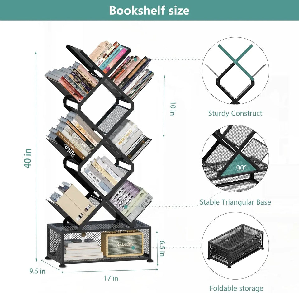 9 Tier Tree Bookshelf with Storage Cabinet,Stylish Design Metal Bookcase for Display of CDs, Bookcases Aimak Store