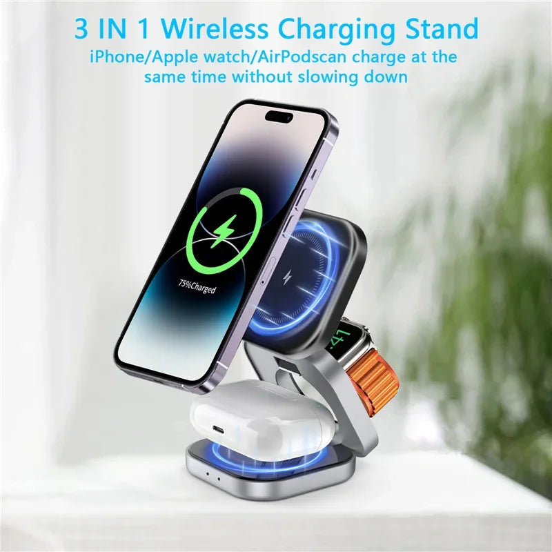 3 In 1 Foldable Magnetic Wireless Charger Stand For iPhone 16 15 14 Samsung IWatch AirPods 3/2 Station Dock Fast Charging Holder Aimak Store