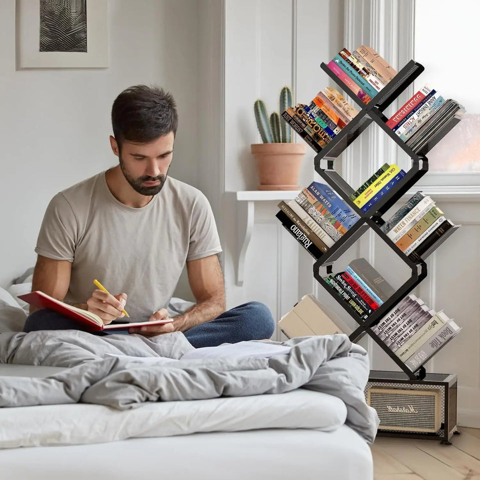 9 Tier Tree Bookshelf with Storage Cabinet,Stylish Design Metal Bookcase for Display of CDs, Bookcases Aimak Store