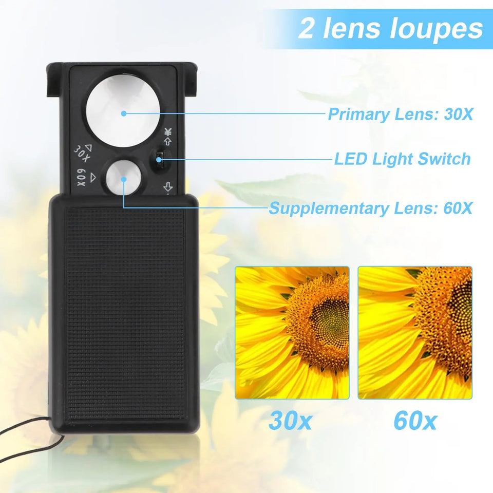 30X 60X Pocket Jewelry Magnifier Slide Out Illuminated Magnifying Glass with LED UV Light Handheld Loupe Lens For Diamond Coins Aimak Store