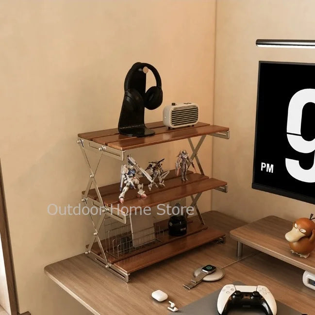 Camping Folding Shelf Outdoor Garden Wood Coffee Table Portable Lightweight Storage Rack Picnic Tourist Adjustable Shell Table Aimak Store