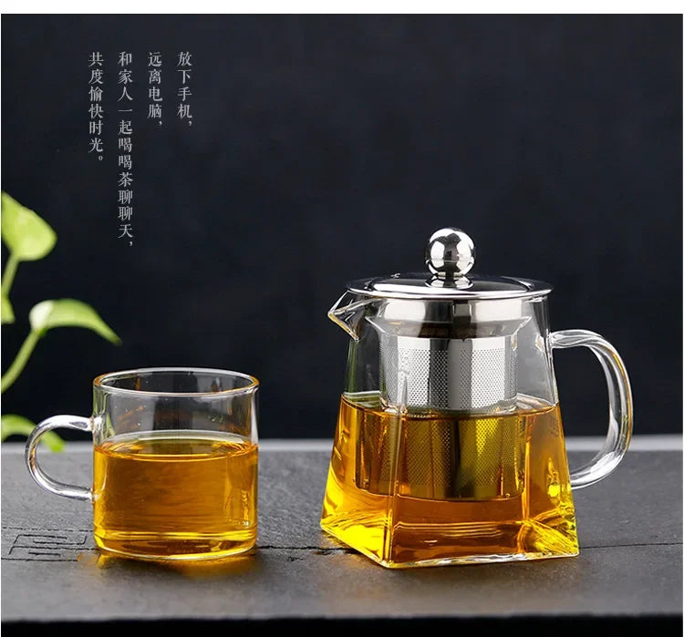 Heat Resistant Glass Teapot With Stainless Steel Coffee Infuser Heated Container Tea Pot Good Clear Kettle Square Filter Baskets Aimak Store