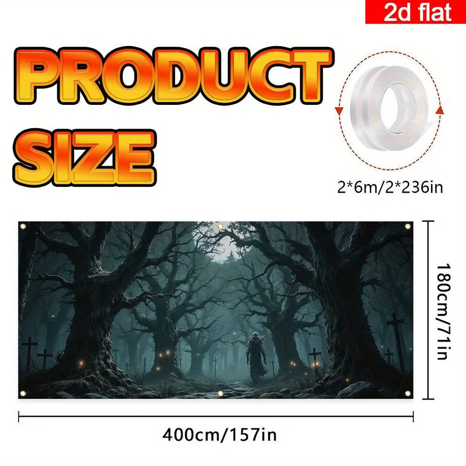 2D banner 1 piece, Halloween Garage Door - Scary forest, Cape figure, Twisted tree, garage door cover Halloween decoration Aimak Store