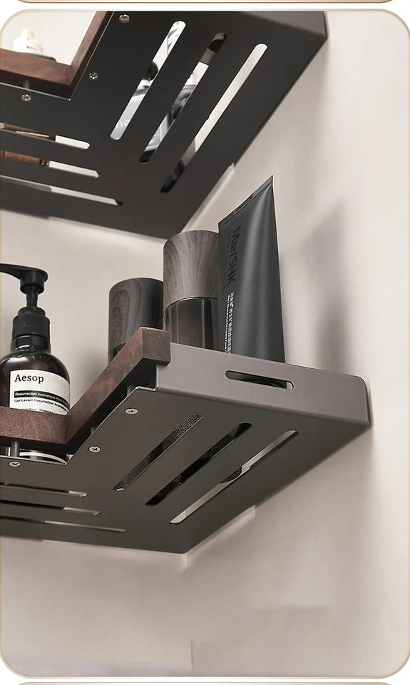 Bathroom Shelf Corner Space Aluminum Wood Bathroom Triangle Basket Shower Room Storage Rack Wall Mounted Aimak Store