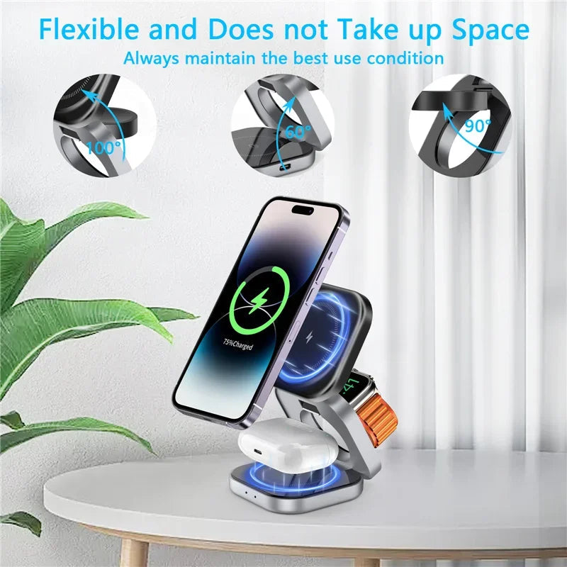 3 In 1 Foldable Magnetic Wireless Charger Stand For iPhone 16 15 14 Samsung IWatch AirPods 3/2 Station Dock Fast Charging Holder Aimak Store