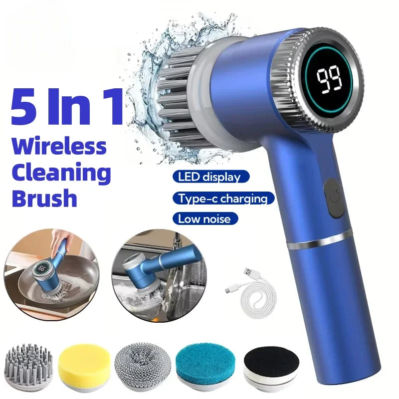 5 in 1 Electric Cleaning Brush Multifunctional Kitchen Bathroom Toilet Portable Powerful Clean Brush 5 Brush Heads LED Display Aimak Store