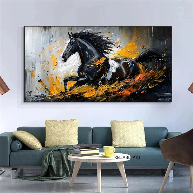 Abstract Black Gold Horse Print Canvas Painting, Modern Textured Running Horse Poster Wall Art, For Living Room Decor, No Frame Aimak Store