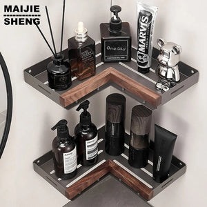 Bathroom Shelf Corner Space Aluminum Wood Bathroom Triangle Basket Shower Room Storage Rack Wall Mounted Aimak Store