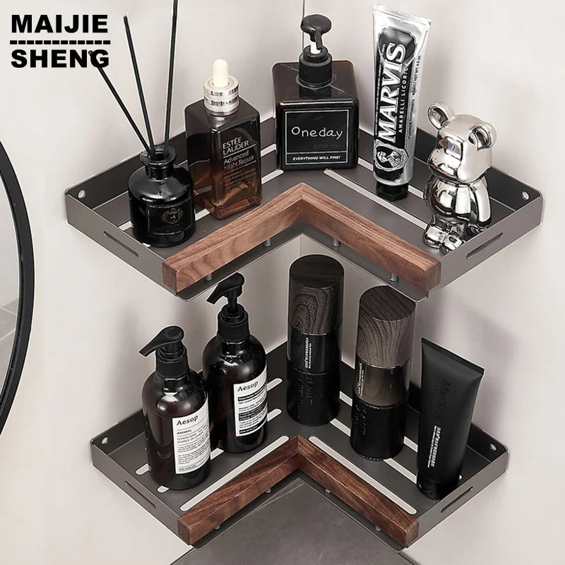 Bathroom Shelf Corner Space Aluminum Wood Bathroom Triangle Basket Shower Room Storage Rack Wall Mounted Aimak Store