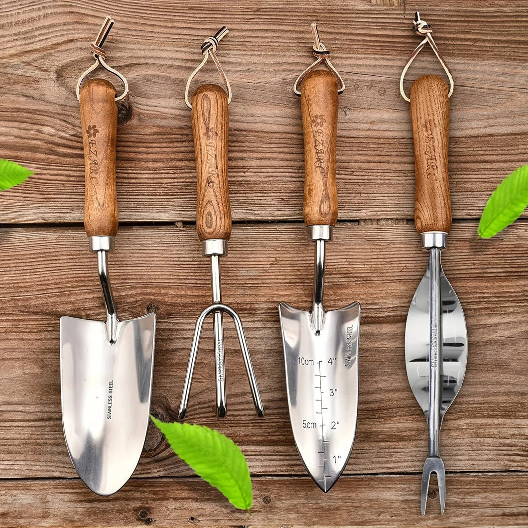 4pcs/set Heavy-duty Garden Tool,Durable Stainless Steel And A Sturdy Wooden Handle. Includes Hand Shovel, Trowel, Garden Rake Aimak Store