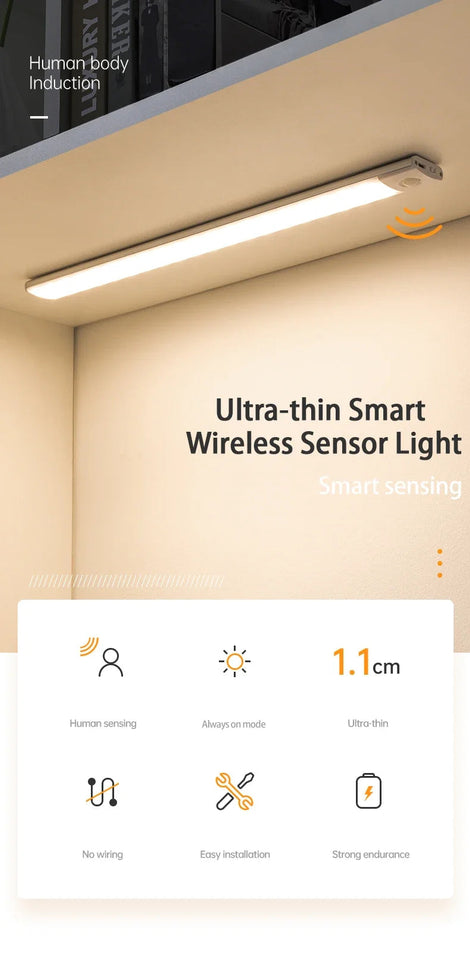 10/20/30/40/50CM Under Cabinet Led Light Sensor Movement Rechargeable Wireless Led Lamp Night Light Cupboard Bedroom Wardrobe Aimak Store